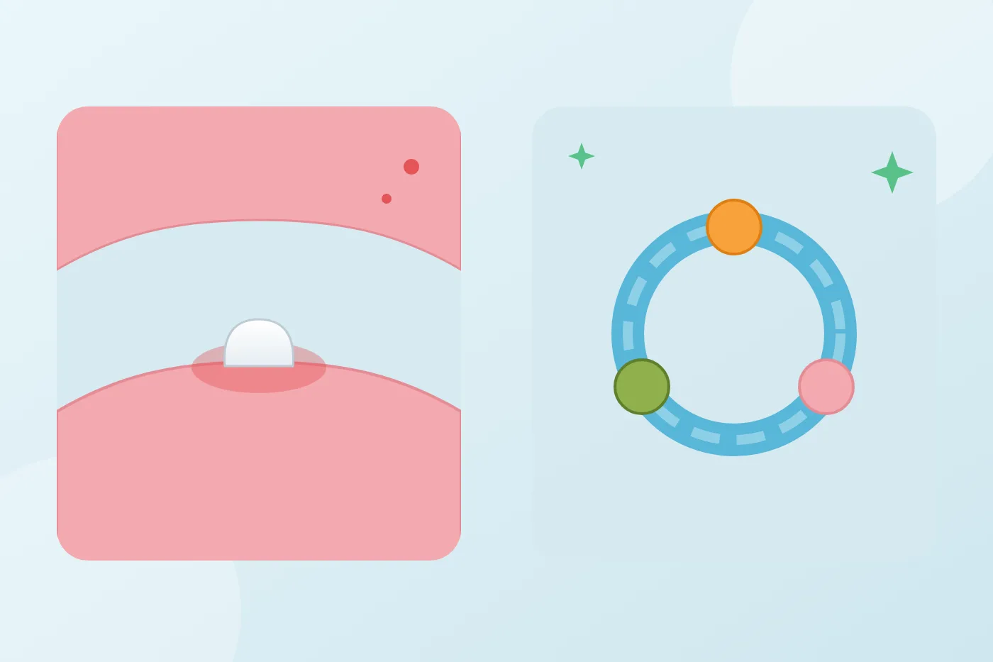 Illustration of a baby's red swollen gum with the first baby tooth coming through, beside a teething ring