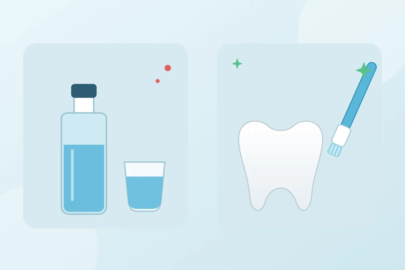 Illustration of a mouthwash bottle and a cup of mouthwash, compared with a clean tooth beside a toothbrush