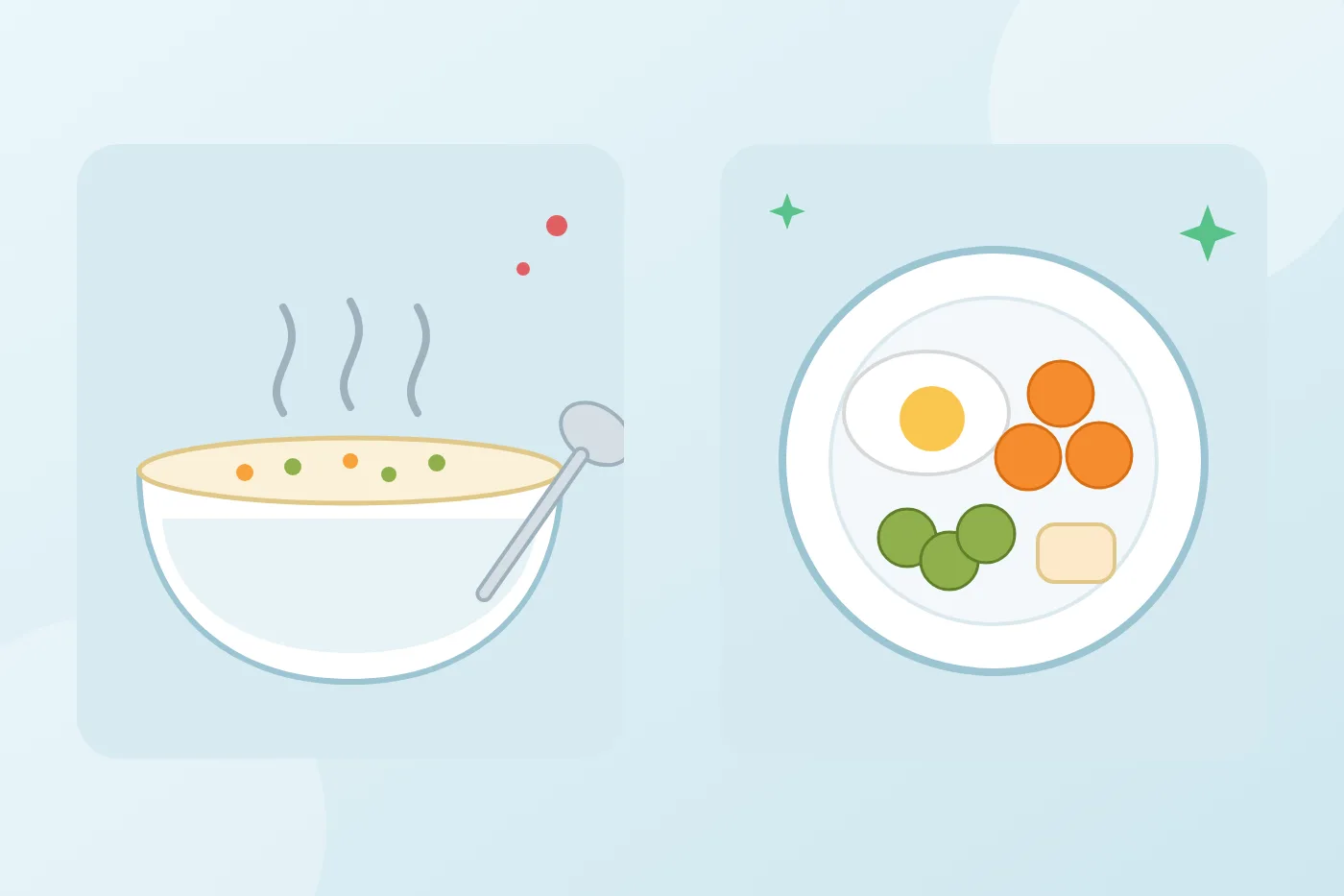 Illustration of a bowl of soft porridge with steam beside a plate of soft foods including egg, carrot and cooked greens for people who chew with difficulty