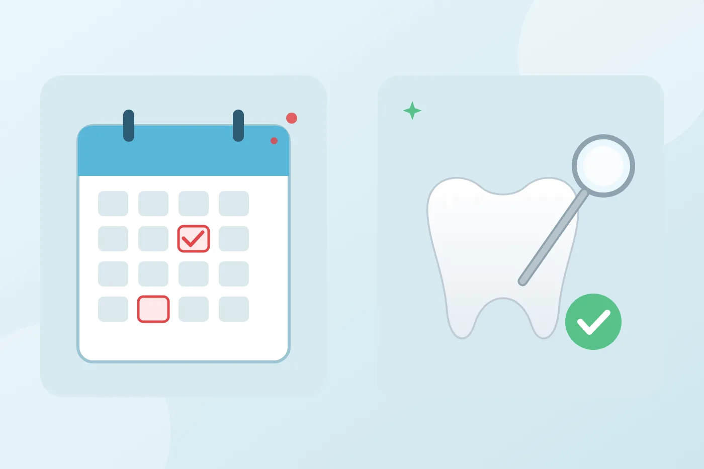 Illustration of a calendar with the visit day marked, beside a healthy tooth and a dental mirror
