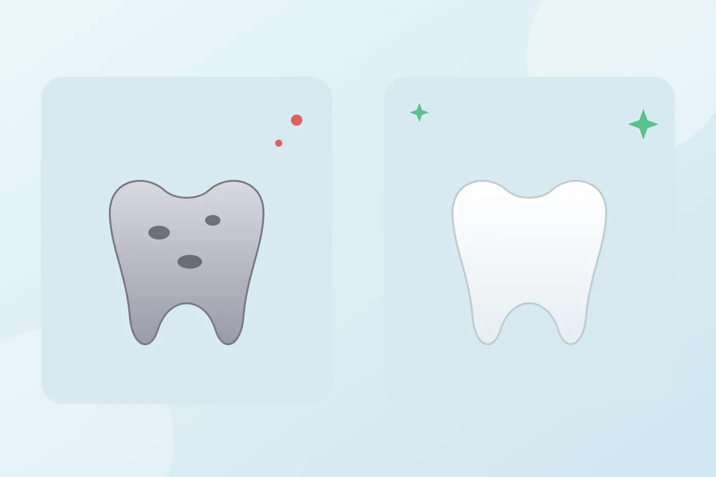 Illustration of a baby tooth turned grey with dark spots, compared with a clean white baby tooth