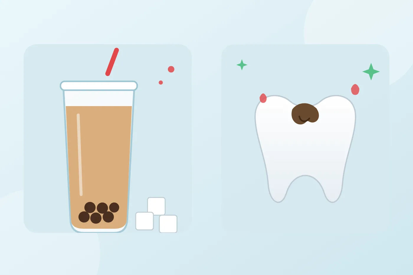 Illustration of a bubble tea cup next to sugar cubes, beside a tooth with a brown cavity